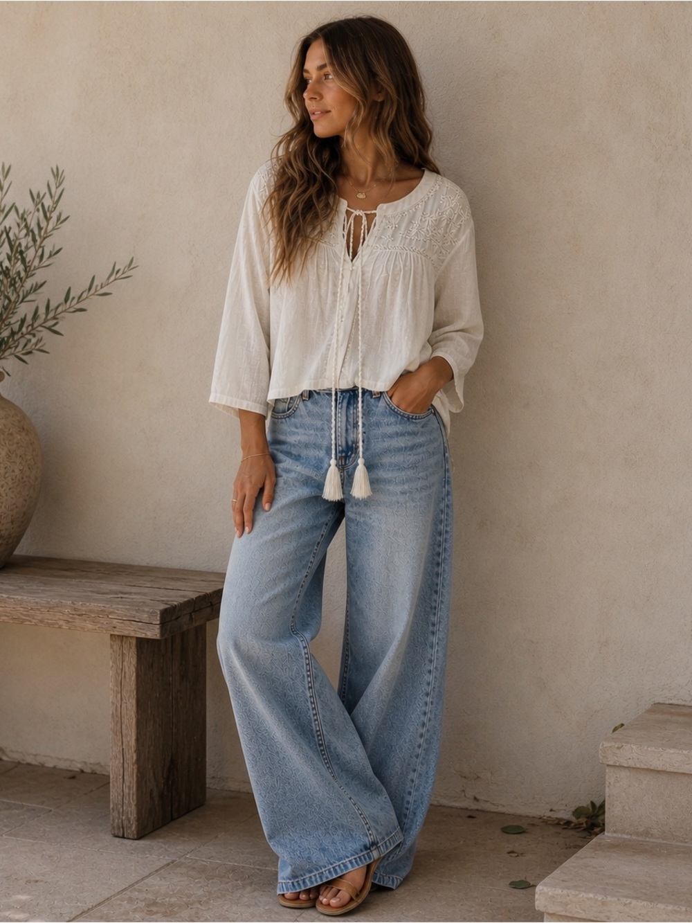 Rachel Zoe Cream Embroidered Boho Tassel Blouse Top S